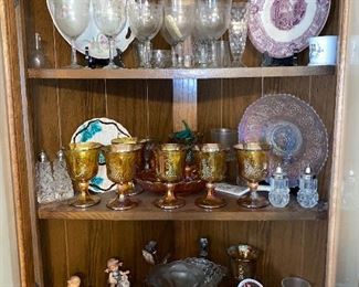 Carnival glass goblets, and plates
