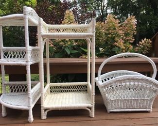 2 White Wicker Shelves and Basket