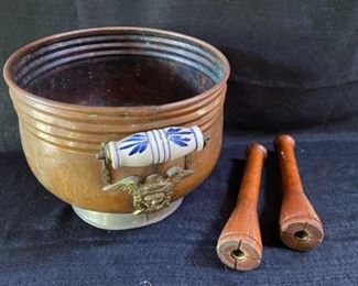 Vintage Wood Spools and Copper Pot