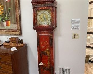 18th C. English Red Lacquered Chinoiserie Tall Case Clock 