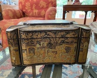 19th C. Chinoiserie Black Lacquered Tea Caddy 