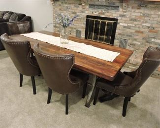 Dining table- pine and metal with bench and chairs