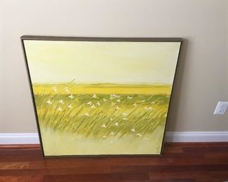 Dot Woodall abstract oil on canvas painting, One of the founding artist of the Torpedo Factory in Alexandria. "View from a windy hill" One of her popular yellow paintings