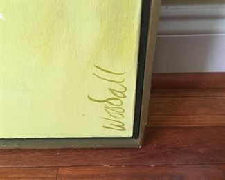 Dot Woodall abstract oil on canvas painting, One of the founding artist of the Torpedo Factory in Alexandria. "View from a windy hill" One of her popular yellow paintings