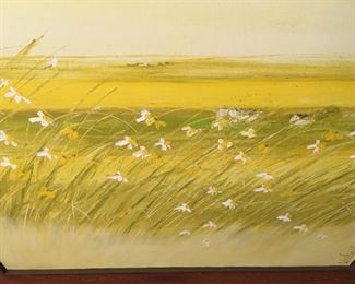 Dot Woodall abstract oil on canvas painting, One of the founding artist of the Torpedo Factory in Alexandria. "View from a windy hill" One of her popular yellow paintings