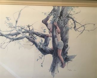Carolyn Blish Artist "Girl in Tree' Numbered 9/1000. Framed and matted. Carolyn Blish was noted for her landscapes.