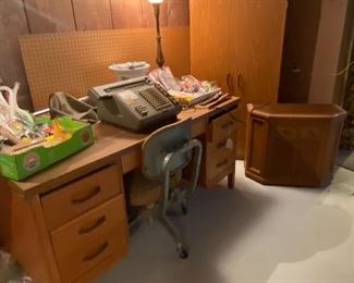 Nice Desk from Gunn Furniture Company in Grand Rapids, MI, Antique Adding Machine, Fishing lures, Several tall storage cabinets to choose from!