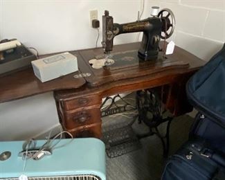 Vintage Box fan, Another view of the White Rotary Sewing Machine and Cabinet