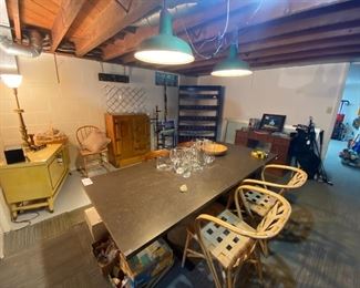 Vintage hanging foundry lights - working!, set of unique Woven Side Chairs, Large Laminate table with Metal Legs