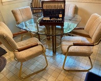 Glass Top Table with 4 Cushioned Chairs, Silver Plated Flatware Set, Antique High Chair