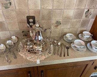 Silver-plate tea service, serving spoons