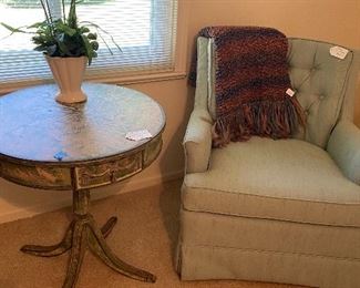 Hand Painted round side table, vintage light aqua swivel chair in great condition