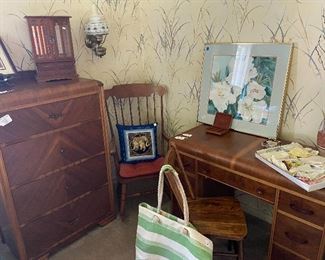 Four Drawer Waterfall Dresser with modified Hardware, and Matching Waterfall Desk, Rocking Chair, Flower Print