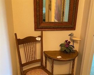Gorgeous framed Mirror, Caned Side Chair, Half Circle Hall Table