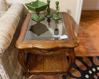 One of two Matching Rectangular Oak Side Tables with Glass Tops (1 of 2), Vintage Wooden Décor