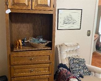 Tall TV Cabinet with Two Doors and Four Drawers - lots of Storage in a Small space! Would be great for a dorm room or apartment! Vintage Rocking Swivel Chair, Nice condition.
