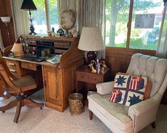 Vintage Leather Chair - Needs some love but very sturdy. Roll top Desk, Side table with Drawer and Shelf, Vintage Globe