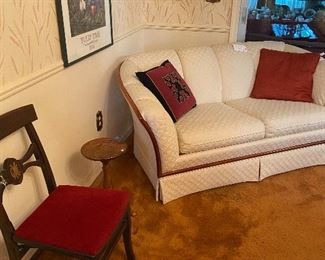 Elegant Upholstered Love Seat with Wooden Trim, Folding Wooden Chair, Oak Plant Stand