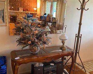 Oak Sofa Table with Glass Top, Matches the Oak coffee table and 3 side tables throughout the house. Also pictured: Heavy Brass Coat Rack, Large Beveled Wall Mirror, Sony Stereo System