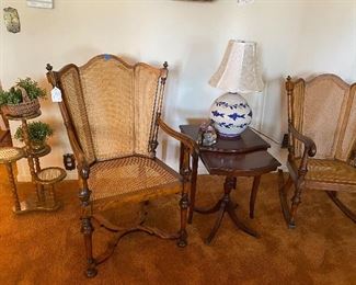 Beautiful Antique Nesting Tables, Vintage Caned Plant Stand, Pair of Vintage Caned Chairs - One is a Rocking Chair, Nautical Ceramic Fish Lamp