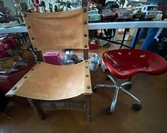Antique Chair with original Leather seat, Red Swivel Chair