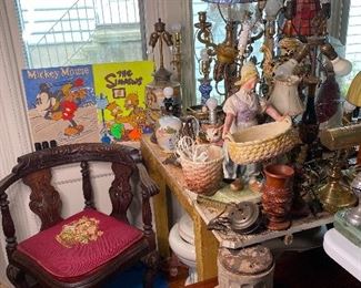 Antique Chair, Roman Column Base, Lamps Galore