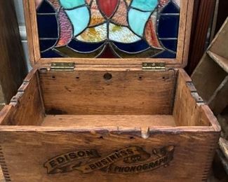 Edison Business Phonograph Wooden Box with Stained Glass Cover