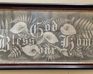 Antique Victorian embroidery on punched paper, "God Bless Our Home"