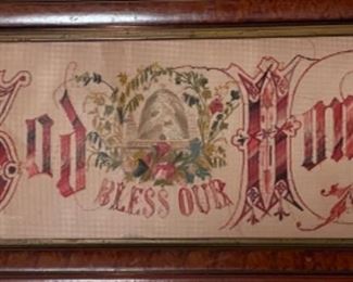 c1900 punched paper embroidery "God Bless Our Home"