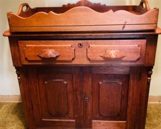 Antique walnut side table/cabinet with tray
