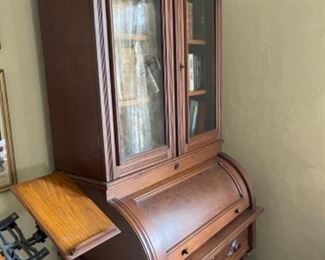 Burled wood walnut book case on barrel desk over 3-drawers 