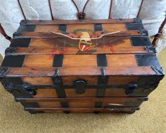 Antique steamer trunk with hand painted American eagle.