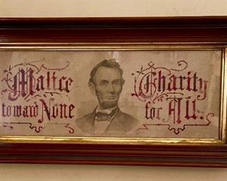 RARE embroidered needlework sampler, with a print on linen of Abraham Lincoln that reads, “Malice toward None, Charity to All”