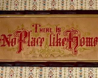 "There is no place like home" Victorian punched paper embroidery sampler in an antique criss cross frame