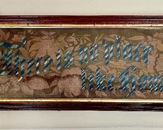 "There is no place like home" punched paper antique embroidery in criss cross antique frame. Late 1800s