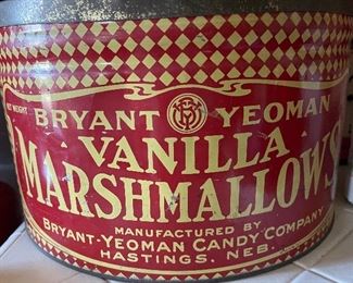 Very large Antique advertising tin Bryant Yeoman Candy Company Vanilla Marshmallows, Hastings, Nebraska, 12”W x 7”H