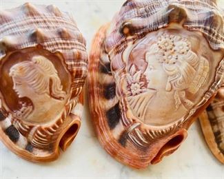 Vintage carved cameo into bullmouth red helmet shells - beautifully carved! Italy