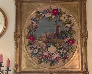 Large, unusual 34” x 39” needlepoint in  gilt frame. 