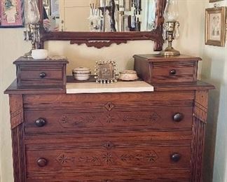 Antique dresser with marble inset and small top drawers - excellent condition!