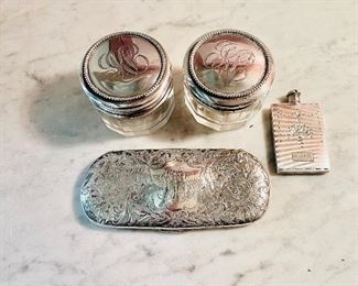 Sterling snuff bottle,  sterling eyeglass case, and 2 sterling lidded rouge pots