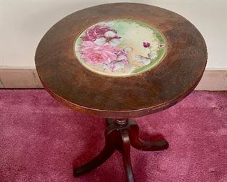 Small antique table/stand with inlayed hand painted roses porcelain plaque