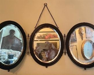 Antique tri-way hanging oval shaving mirror