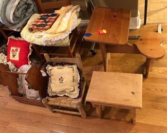 Hand made:
Childs desk $25
Stool $15
Magazine rack $15
Antique child’s woven chair $25