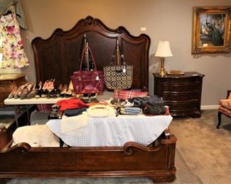 King size bed, chests, purses and like new size 8 1/2 shoes are all in the master bedroom.  