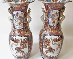 0140 Pair Large Antique Kutani Chinese Vases