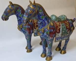 0239 Large Pair Of Chinese Cloisonne Enamel Horses