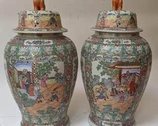 0227 Pair Large Rose Medallion Ginger Jar Vases