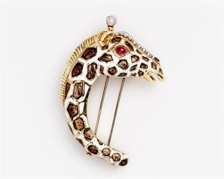 22. David Webb Giraffe Diamond Brooch Ruby Enamel 18k Plat