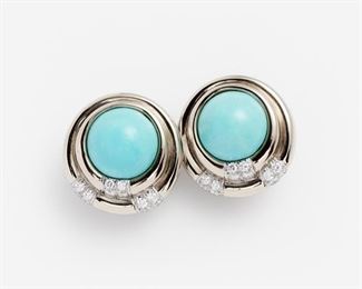 27. Charles Turi Turquoise Diamond Button Earrings, 18k