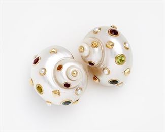 35. Trianon Shell, Gemstone, Pearl, & 18k Earrings 